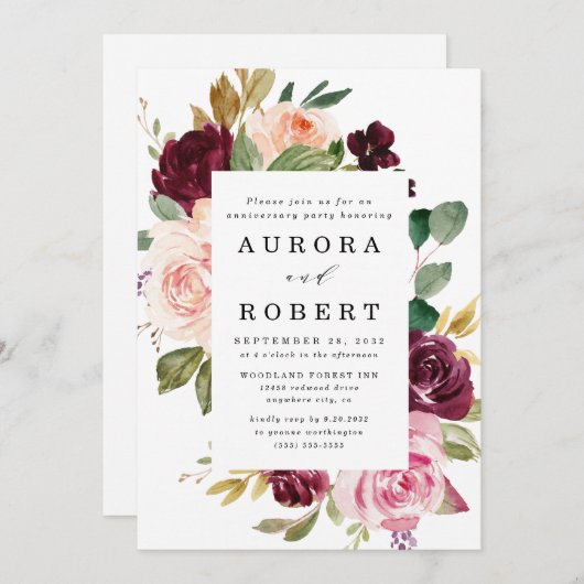 バーガンディーブラッシュピンクパーチゴールドアニバーサリーパーティー 招待状 (正面/裏面)