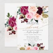 バーガンディーブラッシュピンクローズの結婚前お茶会 招待状 (正面/裏面)