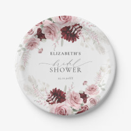バーガンディーブラッシュピンクローズの花のブライズシャワー ペーパープレート