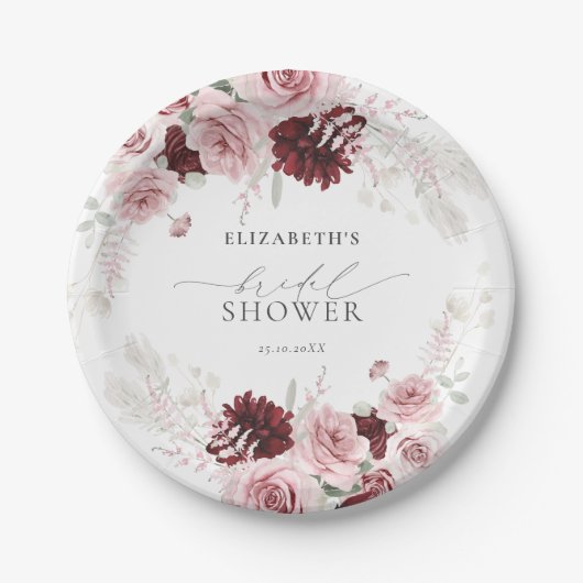 バーガンディーブラッシュピンクローズの花のプリンセスシャワー ペーパープレート (正面)