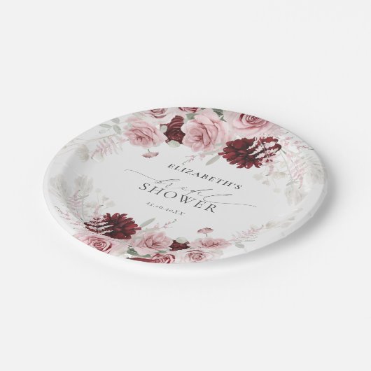 バーガンディーブラッシュピンクローズの花のプリンセスシャワー ペーパープレート (アングル)