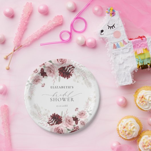 バーガンディーブラッシュピンクローズフラルブライダルシャワー ペーパープレート (パーティー)