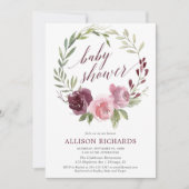 バーガンディーブラッシュリースの花束が秋の女の子のベビーシャワーを彩る 招待状 (正面)