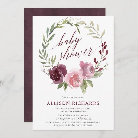 バーガンディーブラッシュリースの花束が秋の女の子のベビーシャワーを彩る 招待状 (正面/裏面)