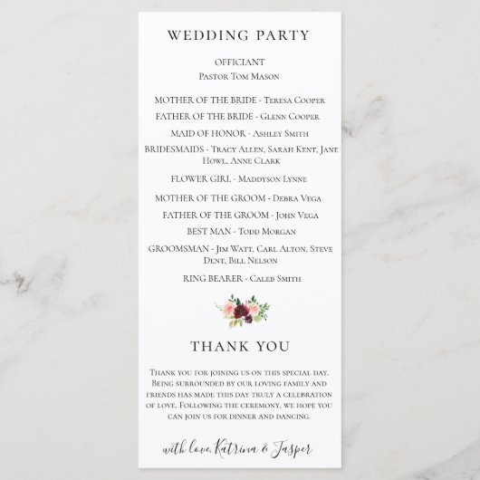 バーガンディーブラッシュ水彩花のウェディングプログラム プログラム (裏面)