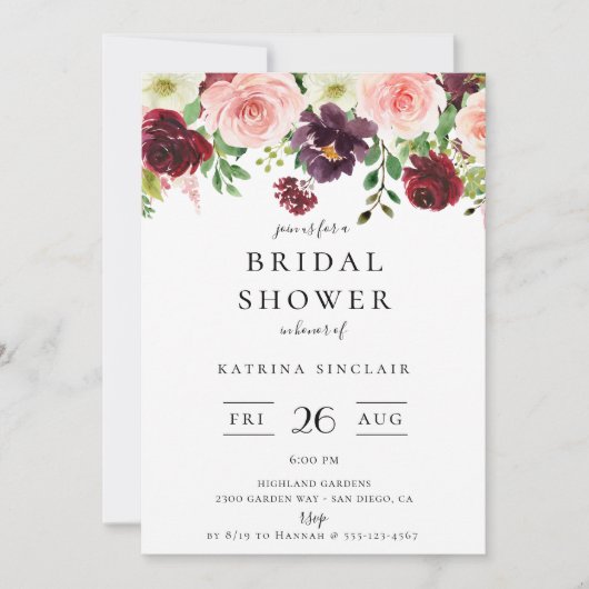 バーガンディーブラッシュ秋の花モダンウェディングシャワー 招待状 (正面)