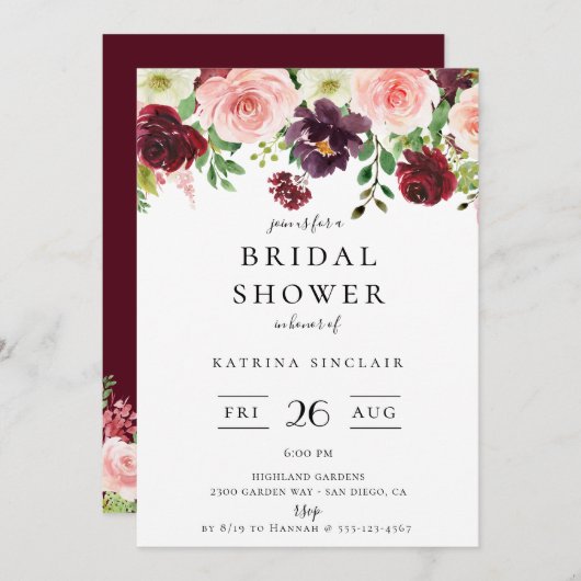 バーガンディーブラッシュ秋の花モダンウェディングシャワー 招待状 (正面/裏面)