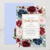 バーガンディーブラッシュ ネイビーブルー フラワーブライダルシャワー 招待状 (正面/裏面)
