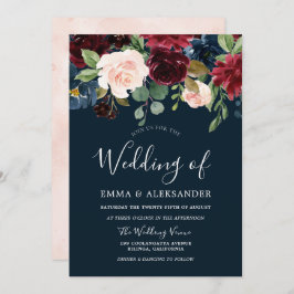 バーガンディーブラッシュ＆ネイビー ウォーターカラーフローラルウェディング 招待状