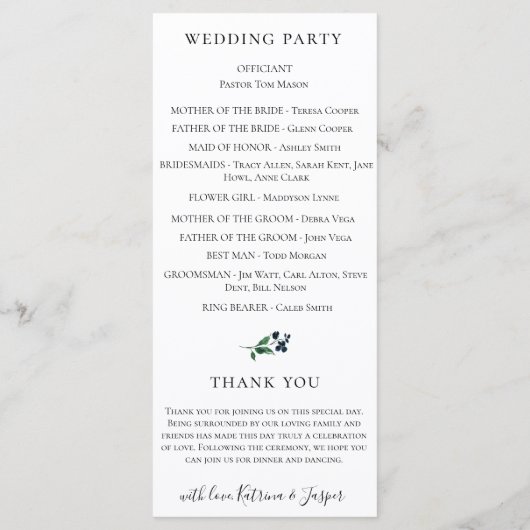 バーガンディーブラッシュ ネイビー ウォーターカラー フローラル ウェディング プログラム (裏面)