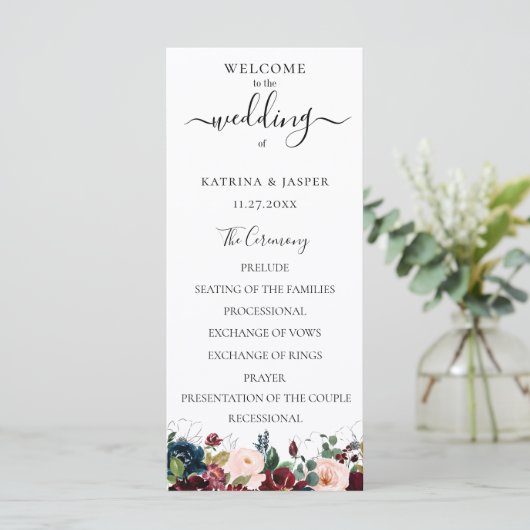 バーガンディーブラッシュ ネイビー ウォーターカラー フローラル ウェディング プログラム (スタンド正面)