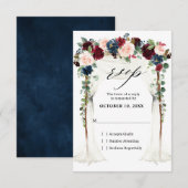 バーガンディーブラッシュ ネイビー フローラル アーチ キャノピー ウェディング 出欠カード (正面/裏面)