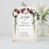 バーガンディーブラッシュ ネイビー フローラル アーチ キャノピー ウェディング 出欠カード (スタンド正面)