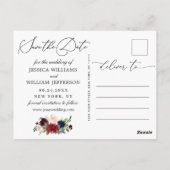 バーガンディーブラッシュ ネイビー ローズ ウェディング セーブ・ザ・デート ポストカード (裏面)