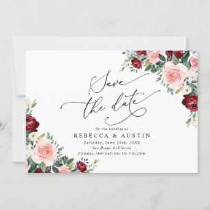 バーガンディーブラッシュ フラワーの結婚式のSave the Date 招待状