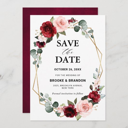 バーガンディーブラッシュ フラワーモダン ジオメトリック ウェディング セーブザデート (正面/裏面)