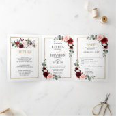バーガンディーブラッシュ フラワーモダン ジオメトリック ウェディング トリ 三つ折り案内状 (内部)