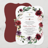 バーガンディーブラッシュ フローラル ゴールド ファースト ホーリー コミュニオン 招待状 (正面/裏面)