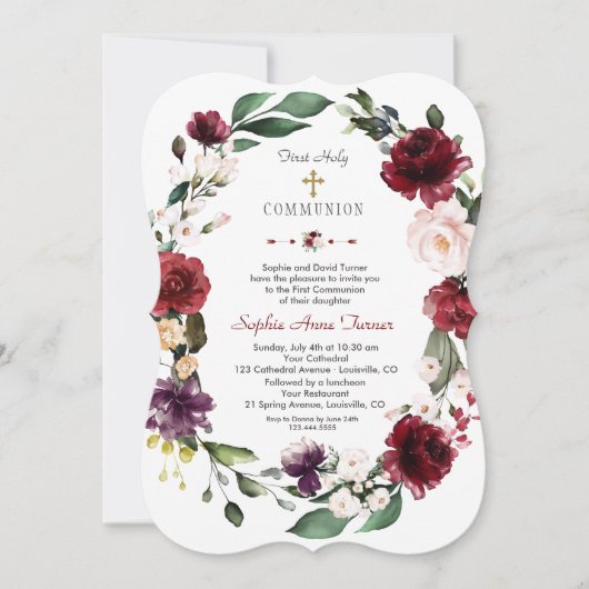バーガンディーブラッシュ フローラル ゴールド ファースト ホーリー コミュニオン 招待状 (正面)