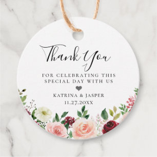 バーガンディーブラッシュ フローラル ブーケ ウェディング フェイバータグ