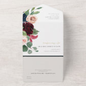 バーガンディーブラッシュ ブルーグリーン 水彩 フローラル オールインワン招待状 (外側)