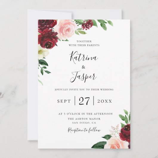 バーガンディーブラッシュ ボタニカル フラワーの結婚式の招待状 招待状 (正面)