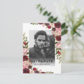 バーガンディーブルッシュの花の写真を使った結婚式の招待状（Save the Date） 案内ポストカード (スタンド正面)