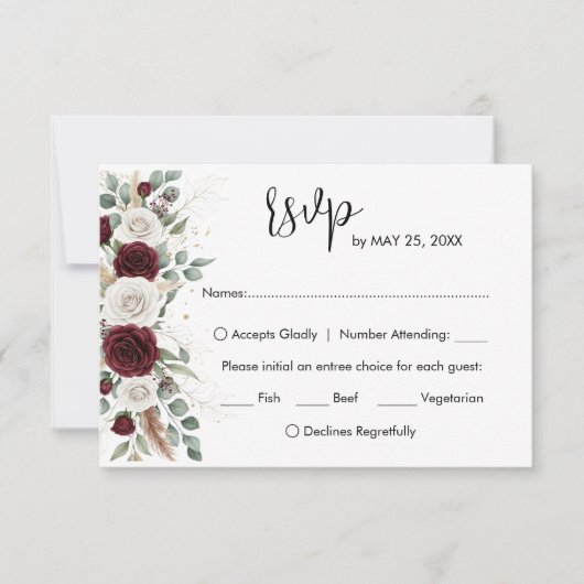 バーガンディーブルッシュの花の結婚式出欠カード 出欠カード (正面)