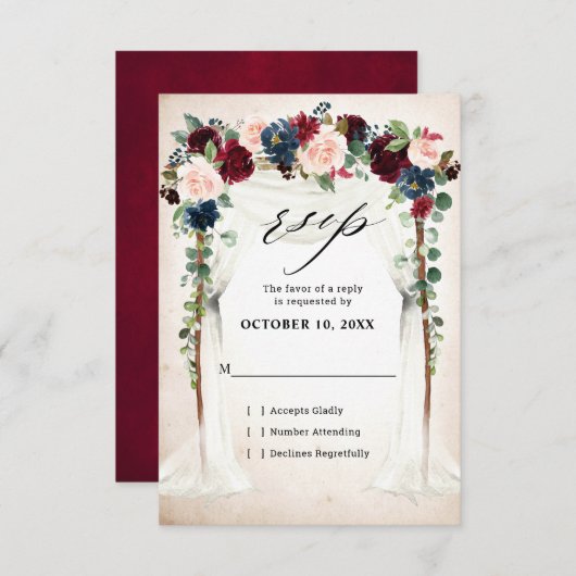 バーガンディーブルッシュネイビーフローラルアーチカノピーウェディング 出欠カード (正面/裏面)