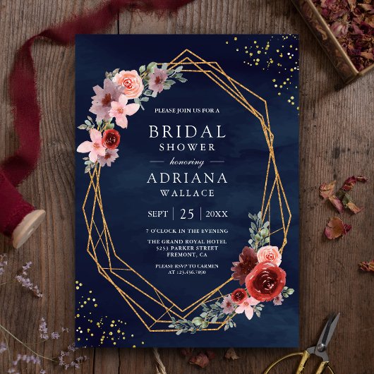 バーガンディーブルッシュピンクのローズ ネイビーブルーのブライダルシャワー 招待状
