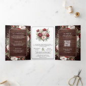 バーガンディーブルッシュピンクの花モダンなタイポグラフィーが美しい、QRコード付きオールインワンの結 三つ折り招待状 (内部)