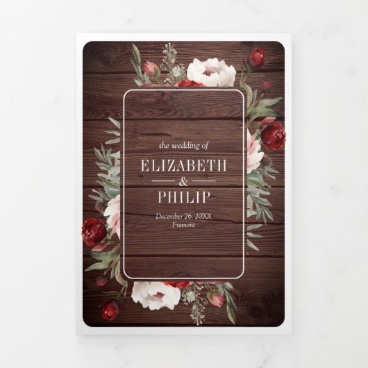 バーガンディーブルッシュピンクの花モダンなタイポグラフィーが美しい、QRコード付きオールインワンの結 三つ折り招待状 (カバー)