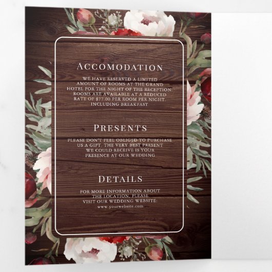 バーガンディーブルッシュピンクの花モダンなタイポグラフィーが美しい、QRコード付きオールインワンの結 三つ折り招待状 (内部最初)