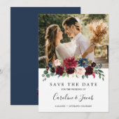 バーガンディーブルッシュピンク ネイビーブルー 花の結婚式 セーブザデート (正面/裏面)