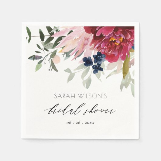 バーガンディーブルッシュブルー花束ブライダルシャワー スタンダードカクテルナプキン (正面)
