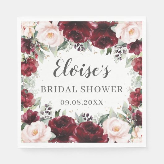 バーガンディーブルッシュ フラワーのウェディング ブライダル ベビーシャワー スタンダードランチョンナプキン (正面)