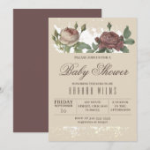 バーガンディーブルッシュ フラワーズ ゴールド ベビーシャワー 招待状 (正面/裏面)