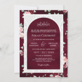 バーガンディーブルッシュ フローラル ホワイトレース ムスリム ウェディング 招待状 (正面)