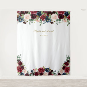 バーガンディーブルーの花の結婚式写真ブース背景 タペストリー