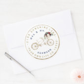 バーガンディーブルーの花柄自転車 円形住所ラベル ラウンドシール (封筒)