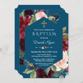 バーガンディーブルーシュ フラワーズ ゴールドクロス ブルー 洗礼 招待状 (正面/裏面)