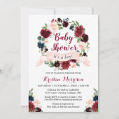 バーガンディーブルーフローラリースリボンベビーシャワー 招待状 (正面)
