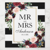 バーガンディーブルー花柄ブラックホワイトストライプ ワインラベル (シングルラベル)