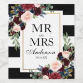 バーガンディーブルー フラワーブラック ホワイト ストライプ ワインラベル (シングルラベル)