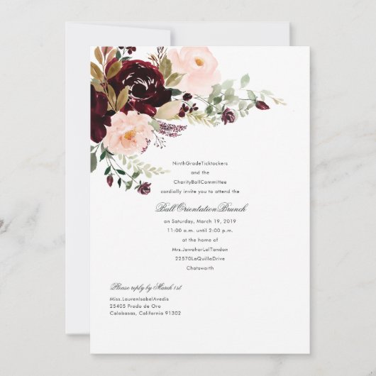 バーガンディーベリーと赤面フローラボール 招待状 (正面)