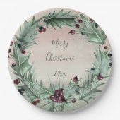 バーガンディーベリーホリーパインクリスマス ペーパープレート (正面)