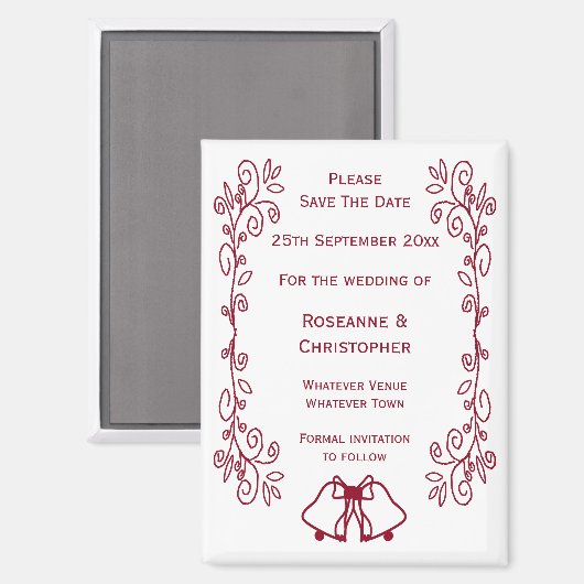 バーガンディーベルのスクロールワーク結婚式の日付を保存 マグネット (正面/裏面)