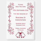 バーガンディーベルのスクロールワーク結婚式の日付を保存 マグネット (正面)