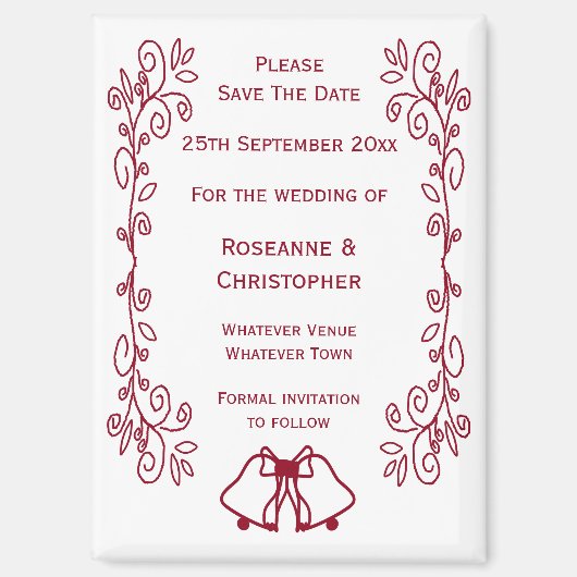 バーガンディーベルのスクロールワーク結婚式の日付を保存 マグネット (正面)