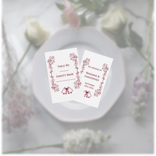 バーガンディーベルズスクロールワーク結婚デザイン プレイスカード